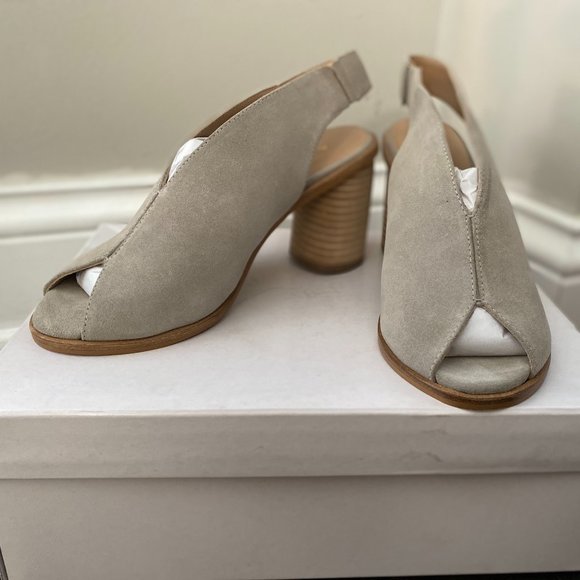 Anthropologie Tan Suede Open Toe Block Heels - Picture 1 of 2